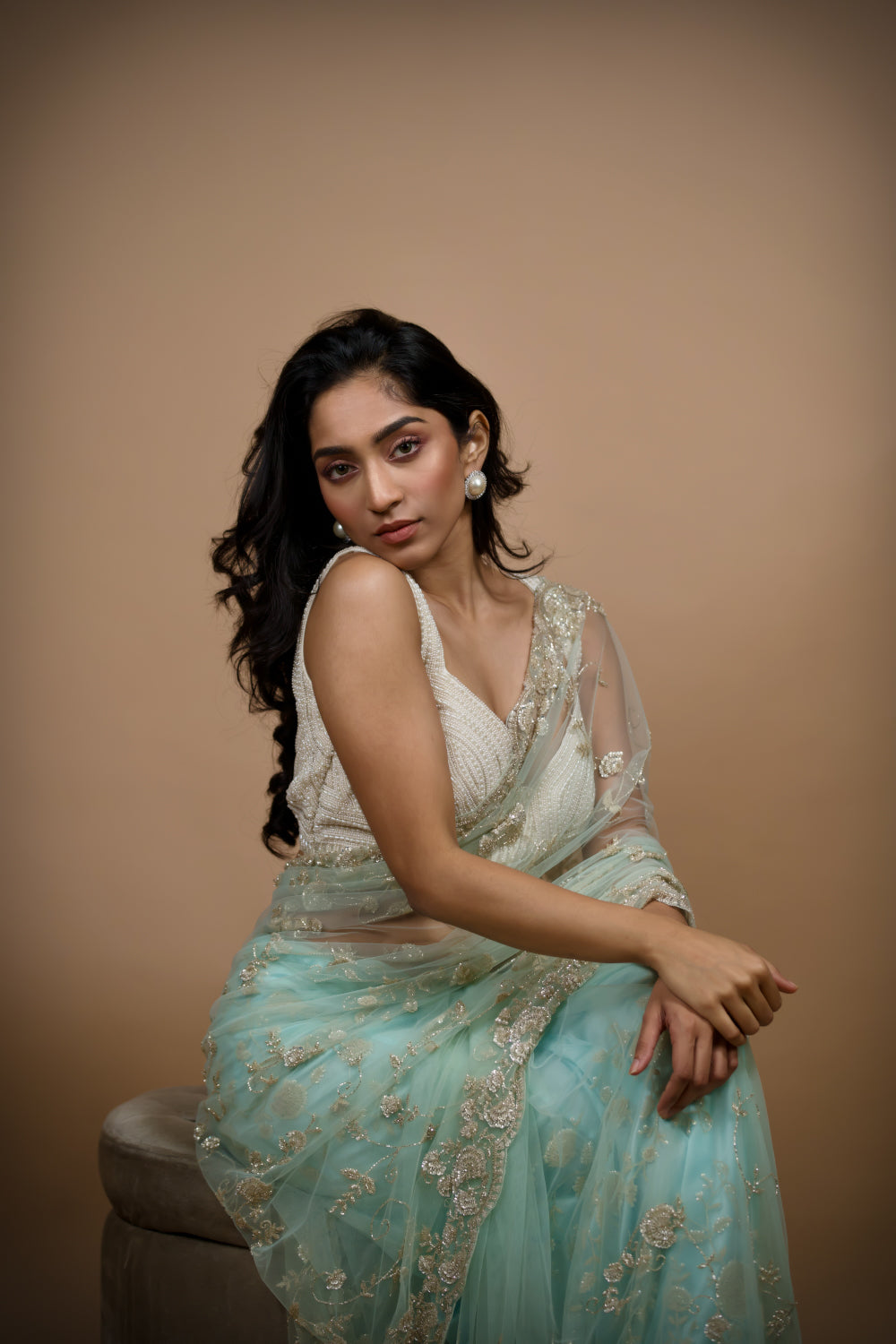 Sky Blue Celestial Net Saree