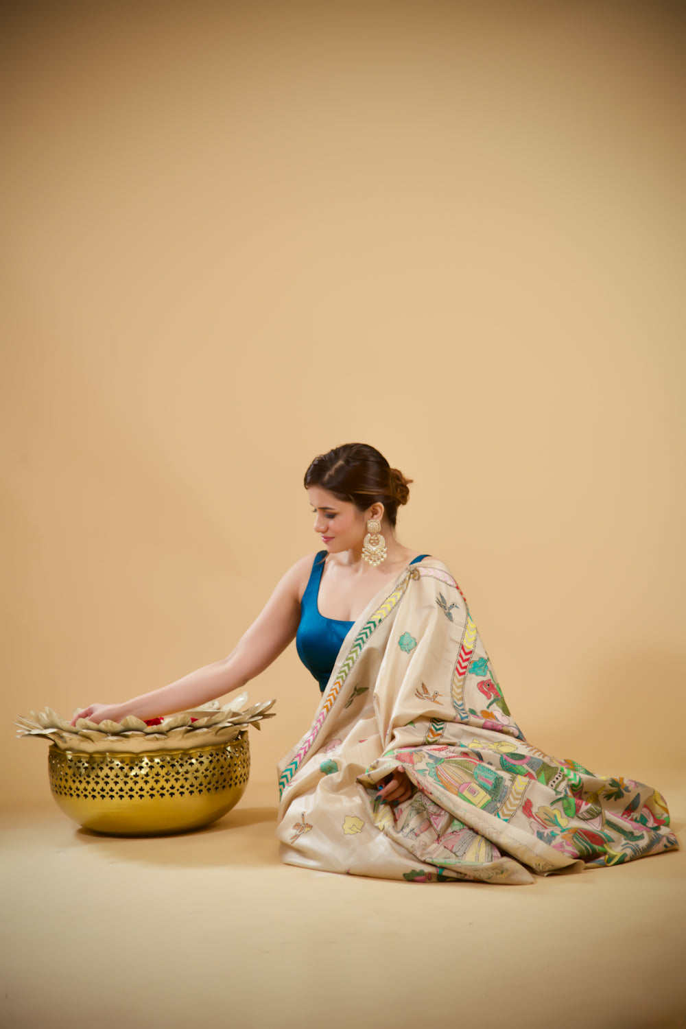 Ivory Tusser Kantha Work Saree
