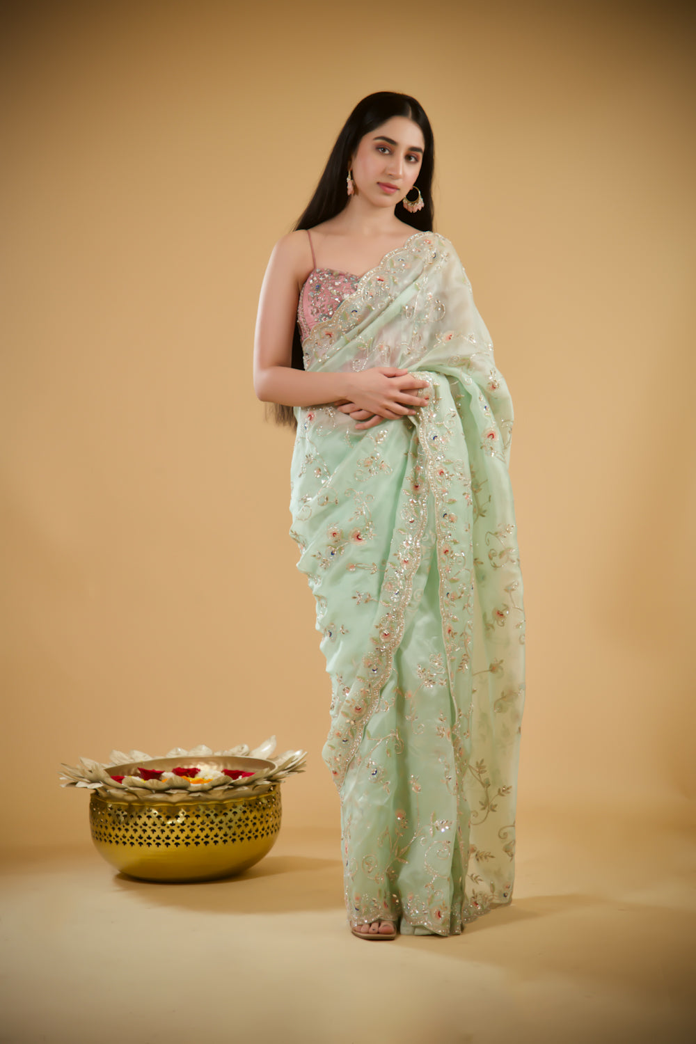Shimmering Pistachio Organza Saree