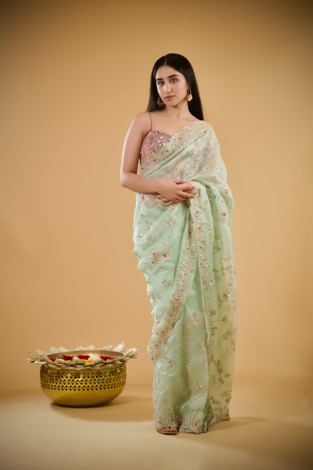 Shimmering Pistachio Organza Saree