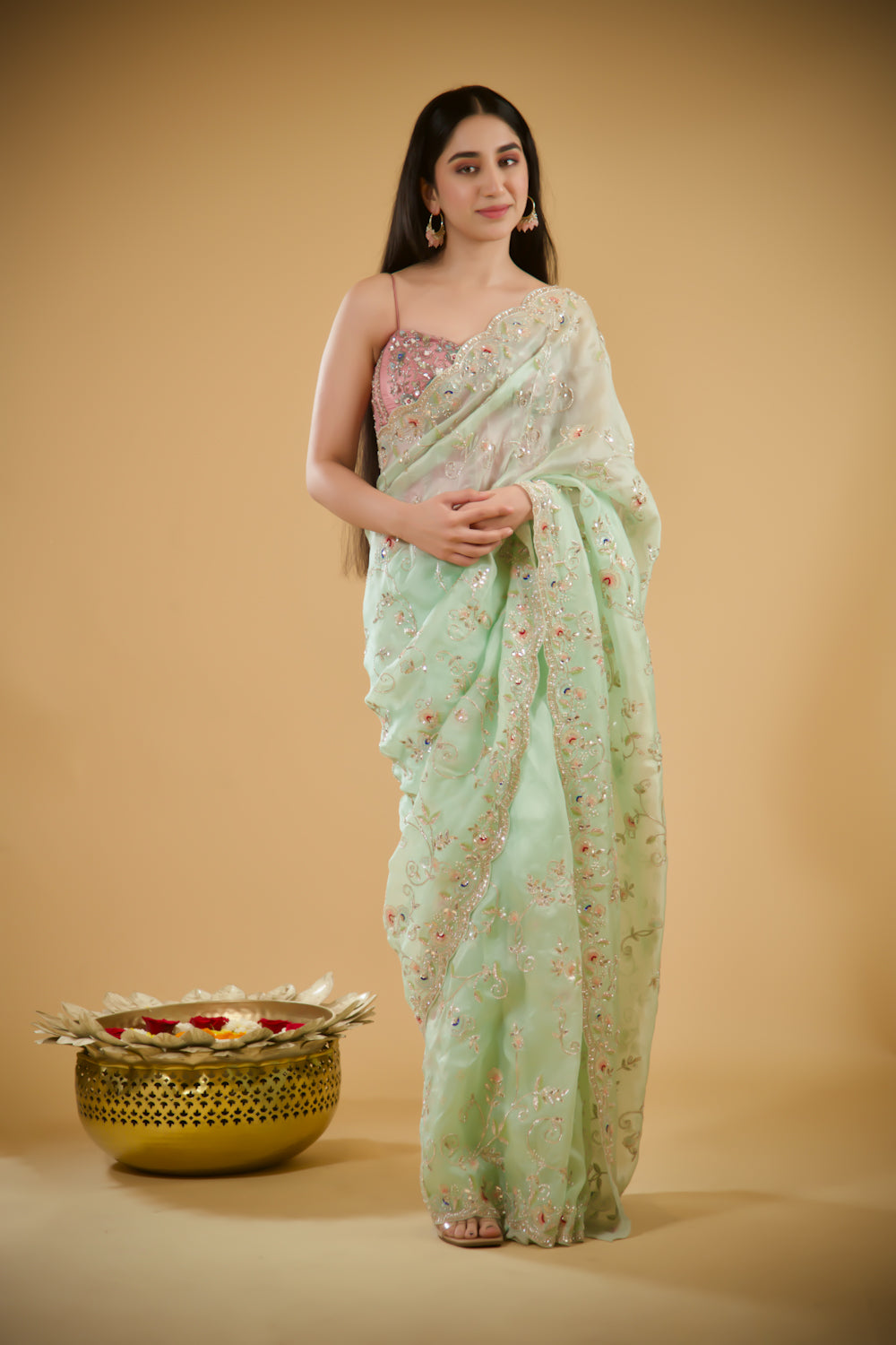 Shimmering Pistachio Organza Saree