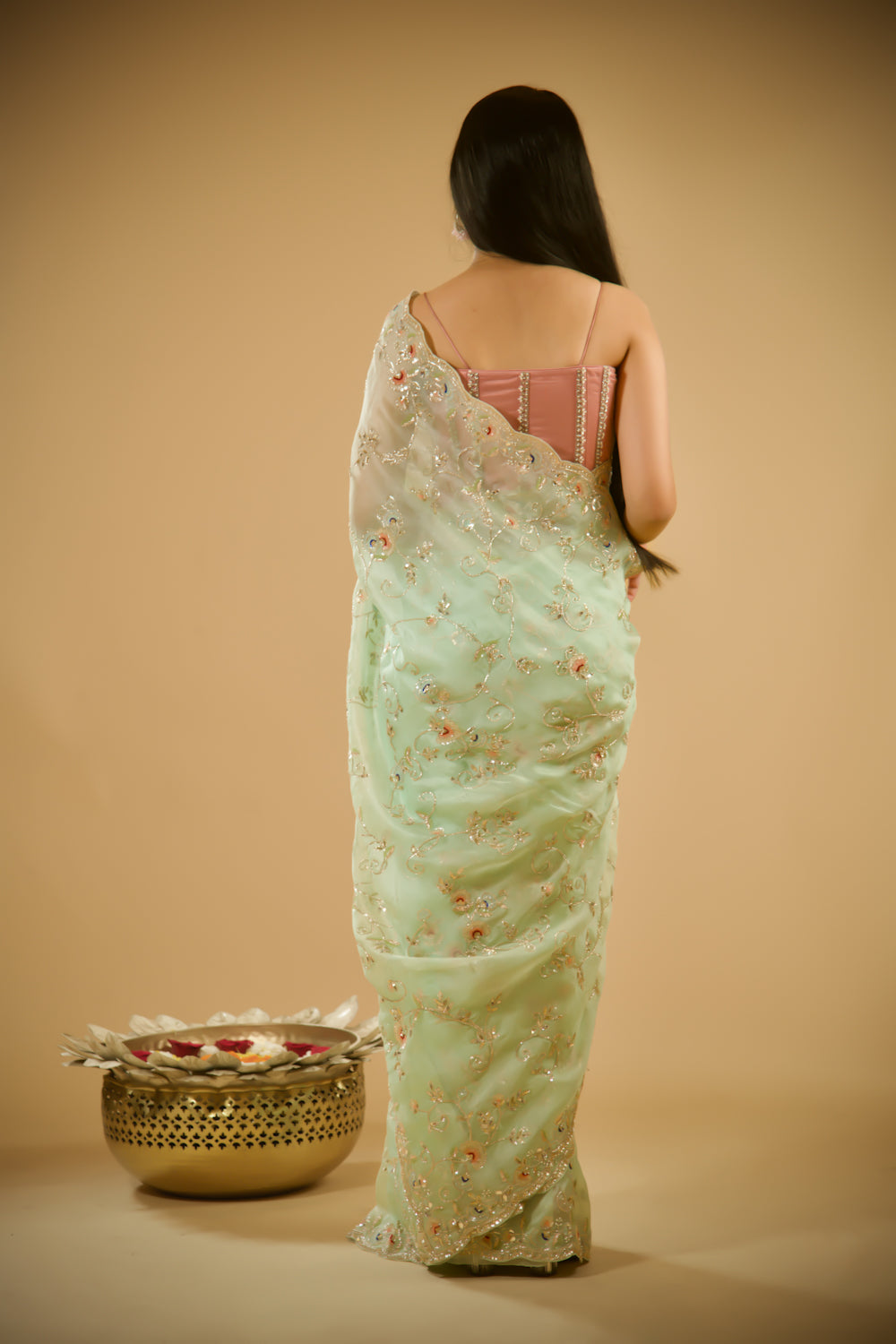 Shimmering Pistachio Organza Saree