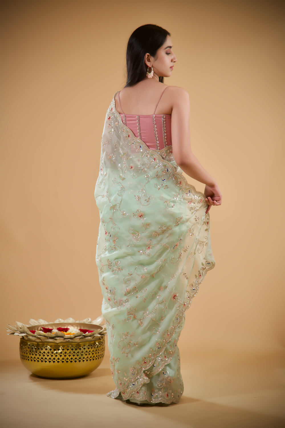 Shimmering Pistachio Organza Saree