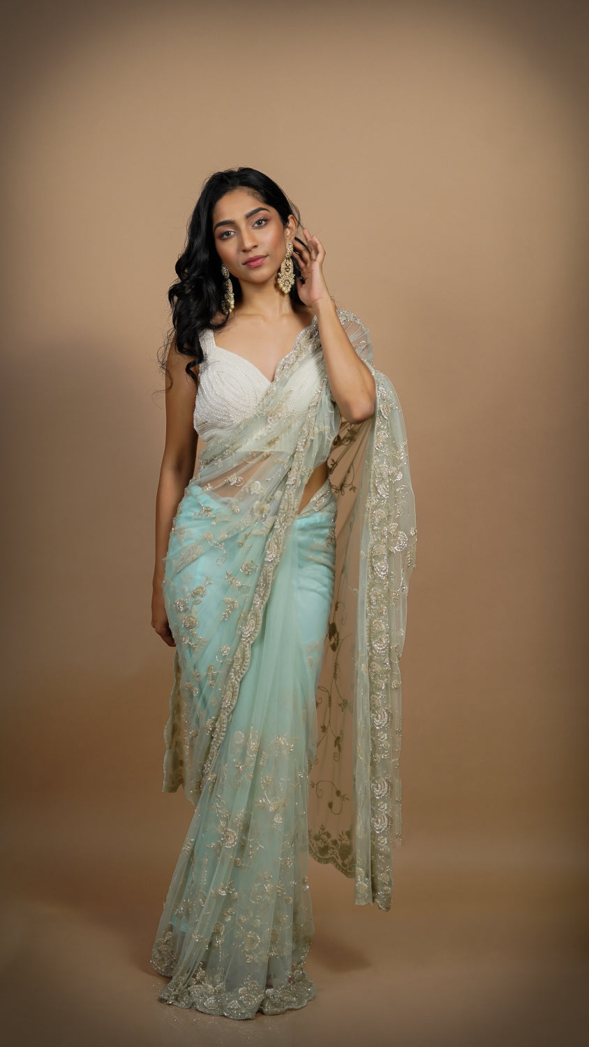 Sky Blue Celestial Net Saree