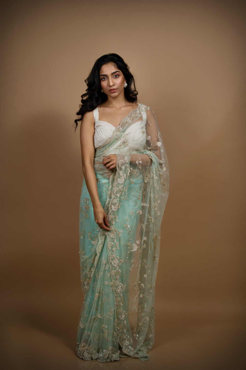 Sky Blue Celestial Net Saree