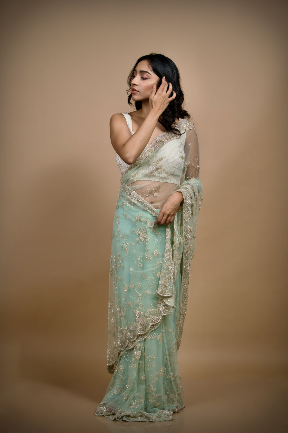 Sky Blue Celestial Net Saree