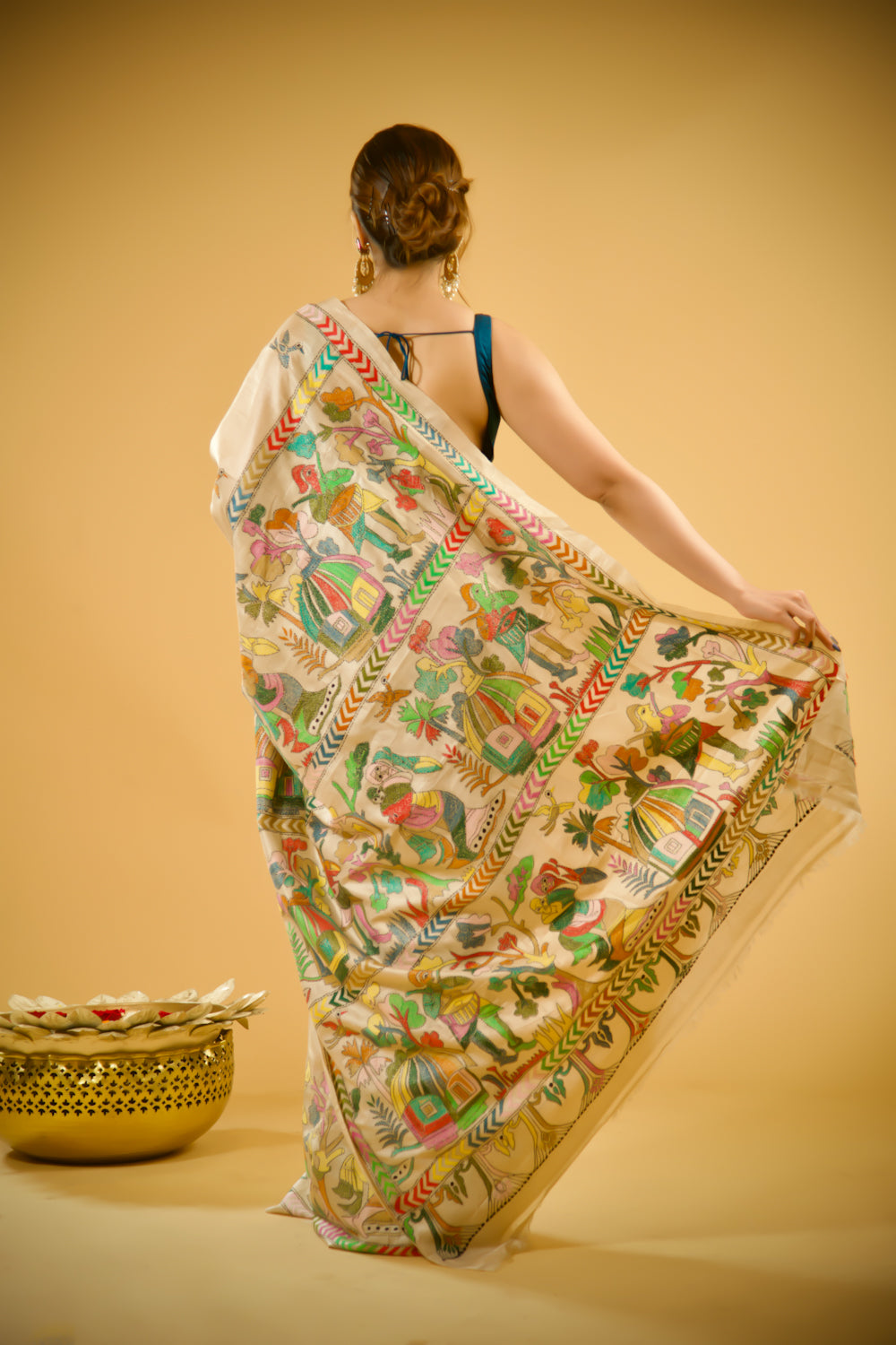 Ivory Tusser Kantha Work Saree