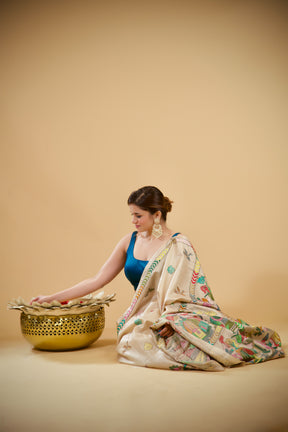 Ivory Tusser Kantha Work Saree